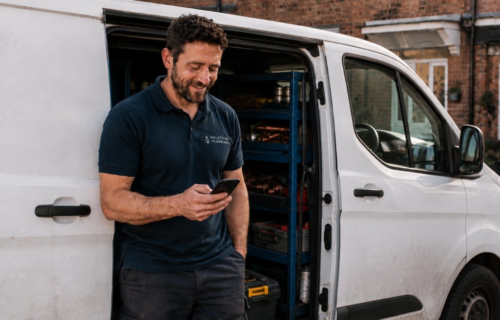 A tradesman by his open van door on a client's driveway, smiling at his phone having just sent the invoice