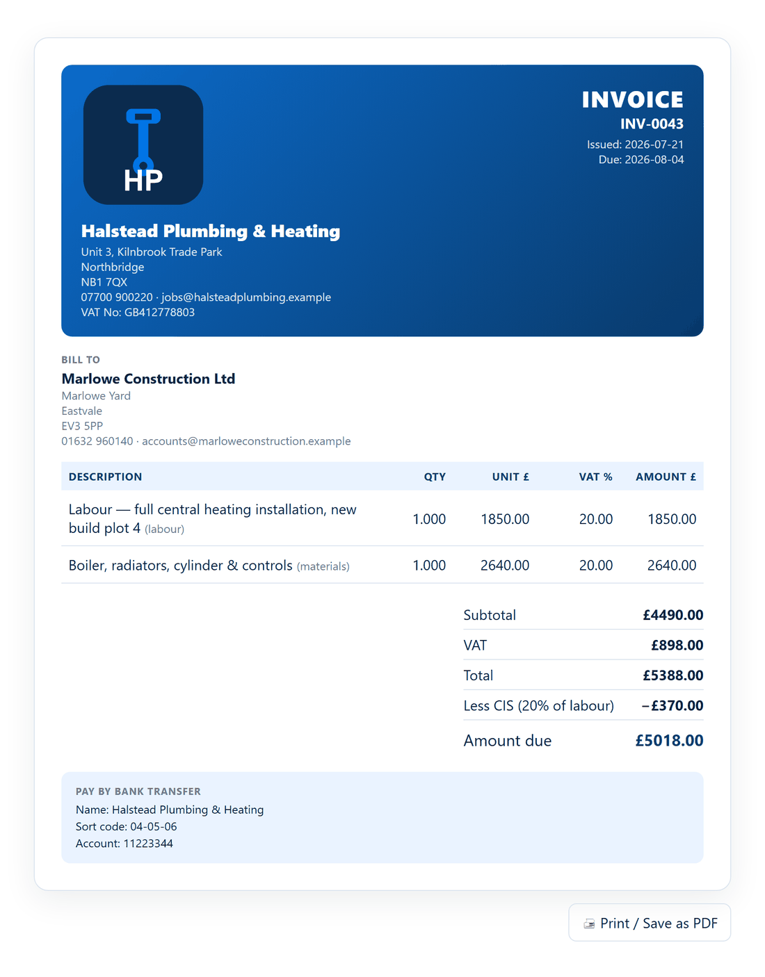 A finished MyWorkBase invoice PDF showing VAT and a CIS deduction